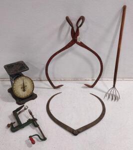 (2) 30" Antique Ice Block Tongs, (1) Vintage Goodell "White Mountain Apple" Peeler, Corer, & Slicer, (1) Vintage Columbia Family Scale, & (1) 25" Vintage Barrel Fork