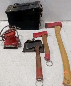 Makita Electric Sander (Mod#M981 / Tested &Works. 24" Axe. (2) Hatchets. Ammo Can (Full Of Lead.)