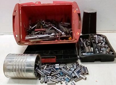 Big Toolbox Full Of Misc Hand Tools & Various Sockets. Tin CAN Full Of Various Sockets (I Did Actually See 10mm.)