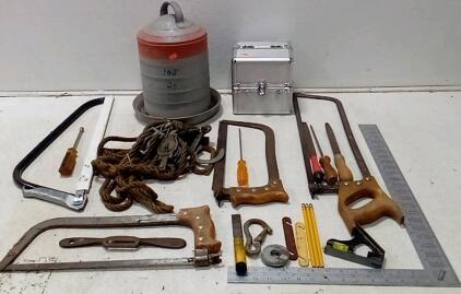 Vintage Metal Chicken Feeder. Jewelry Box. Pully System. (3) Hacksaws, Bow Saw(US Made.) Misc Tools.