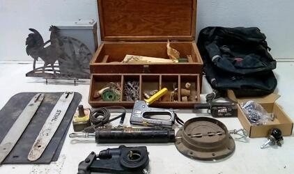 Antique Tackle Box With Vintage Tackle. (2) Heat Magnets. Meritor Automatic Brake Slack Adjuster. Hydraulic Downfeed Control Cylinder For A Band Saw. Avenie Backpack +More.