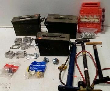 (3) Ammo Cans. (3) Antique/Collectable Bike Pumps. (8) C-Clamps. + More.