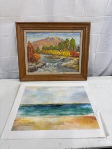 Grumbacher Canvas Panel Painting "Fall Among the Pines" by M. R. Berg, And Painting With Sunrise
