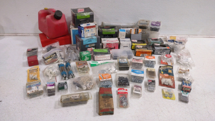Collection of Assorted Small Hardware Items & Parts, Including Screws, Nuts, Bolts, Clips, & Other Miscellaneous Components, Along w/ a Small (1 gal.) Red Plastic Fuel Container.