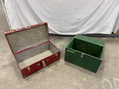 Vintage Red and Green Trunks, Hinged Lid, Lockable Latch, 30x16x14 Inches