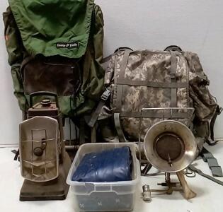 Vintage Camp Trails External Frame Backpack. Large Military Style Backpack. (2) Propane Heaters. Twin Air Mattress (Unable to Test.)