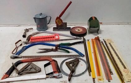 Vintage Johnson Card Shuffler In Great Condition. (9) mMetal Cutting Saw Blades. (3) Bow Saws + Replacement Blades. Heavy Duty Bench Mounted Cutting Tool. Coffee Pot (Clean.) Vintage Klein Tool Cable Puller. + More.