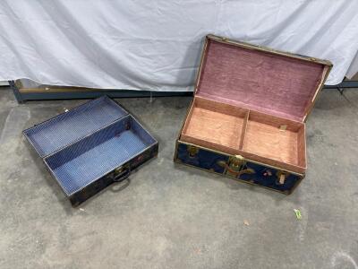 Vintage Blue Steamer Trunk with Removable Tray, Brass Accents