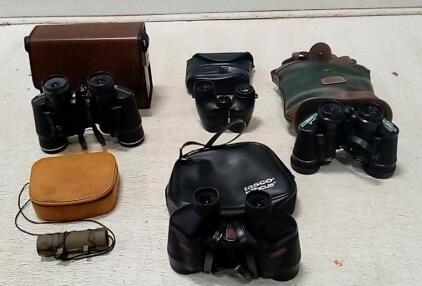(LOT Of) Binoculars. Tasco Infocus 7x35 Wide Angle. Tasco Model 318, 7x35. Tasco Zip Focus 7x35. Nikon Travelite 3. Generic Monocular.