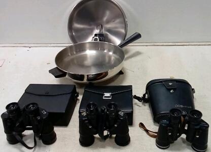 (Lot Of 3) Binoculars. Bushnell Insta-Focus 7x35. Guardsman Model #816 7x35. Super Zenith 7x35. Farberware Skillet (Looks Clean.)