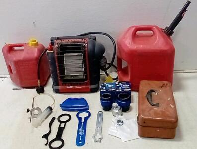 Mr Heater Propane Heater ("Portable Buddy". Height: 13". Unable To Test.) (2) Gas Cans [5 Gallon / 2 Gallon.] (2) Motion Pro Fork Seal Drivers. +More.