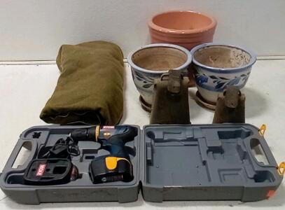 12v Ryobi Drill In Case (Model HP412. / Unable To Test.) Heavy Wool Blanket (Clean.) (2) More Cowbell. (3) Planting Pots.