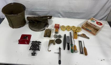 Collection of Vintage and Antique Items: Gun Cleaning Patches, Scales, Horse Hooks, And More