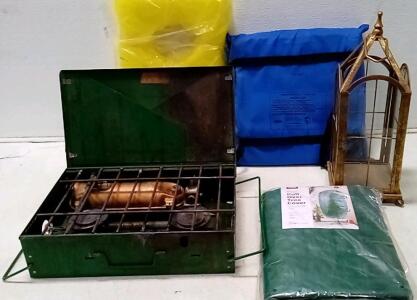 Coleman 2 Burner Gas Stove. Seachoice Lifejacket & Throwable Device. Antique Candle Holder. +More.