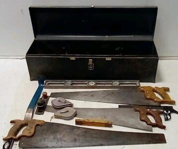 Giant Metal Toolbox (32"x9"x9".) 3 Antique Hand Saws. (2) Chalk Liners.(2) Levelling Squares. + More.