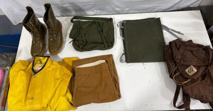 Goodall Rain Gear Set, Yellow Jacket, Brown Pants, Olive Green Boots