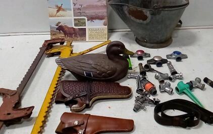 (2) Holsters. Duck Decoy. (2) Fence Stretchers. W&agrave;ter Basin. Various Gardening Items. 1978 Wild Prints.