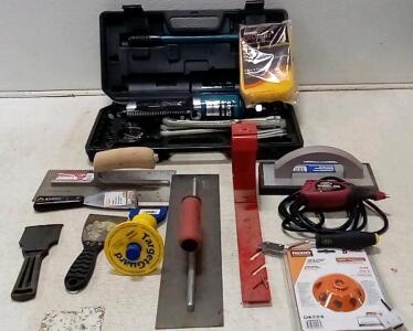 Painter's LOT. Amzcuc Hydraulic Gear Puller (Mod#JH-10T.) Hysde Regrout Tool (Turns On.) (3) Trowels+More.