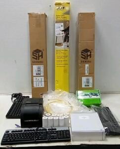 TeamSable Point Of Sale Receipt Printer (Turns On.) 10 Rolls Of Receipt Paper. (3) USB Keyboards. (2) Shenghui Photo Backdrop Stands. Board Dude's Adjustable Display Easel. Tamper Proof Security Paper. + More.