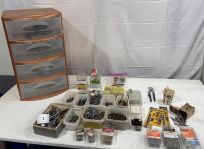 Hardware and Tool Storage Set with 4 Drawer Unit, Nails, Screws, Pliers<br/>24X15<br/>Please Inspect In Person.