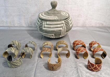(1) Hand Woven Basket W/ Lid & (15) Animal Print Cuff Bracelets, (5) Zebra, (5) Leopard & (5) Gariffe