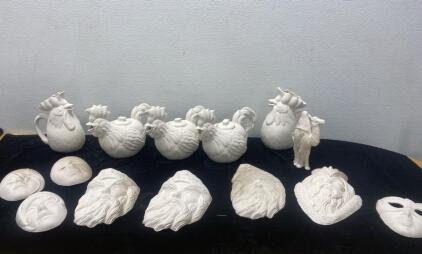 Ready to Paint (3) Chicken Tea Pots / (2) Chicken Pitchers / (8) Heads and Masks