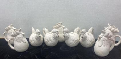 Ready To Paint (4 Chicken Tea Pots and 5 Chicken Pitchers)