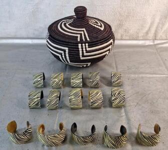 (1) Hand Woven Basket W/ Lid & (15) Zebra Print Cuff Bracelets