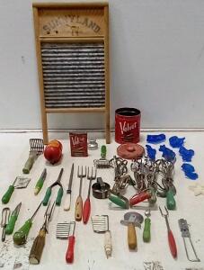 (LOT Of) Kitchenware. Sunnyland Washboard. Tetco Fire Extinguisher. Looney Toons Cookie Cutters. Egg Beaters. Velvet Tobacco Cans. +More.
