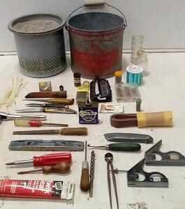 Mit Shell Bait Bucket (Floats.) (3) Vintage Knives. Assorted Fishing Flies. Assortment Of Hand Tools. +More.