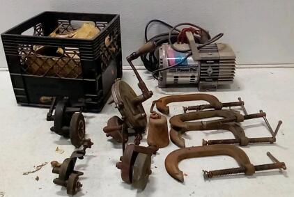 Power Pal Air Compressor (Mod#M-T3000.) (4) Antique Hand Grinders. (4) C-Clamps. Big Box Of Fencing Nails.