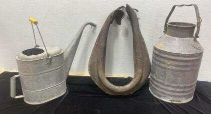 Metal Oil Container ( Standard Oil Company) / Galvanized Watering Can / Antique Horse Harness