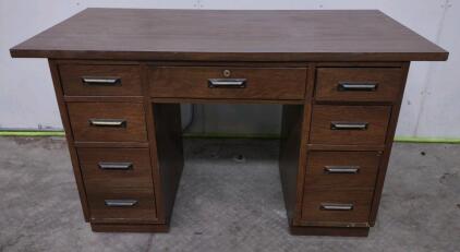 Brown Wooden Desk, 9 Drawers, Lockable Center Drawer w/ Assorted Sewing Supplies Inside!!