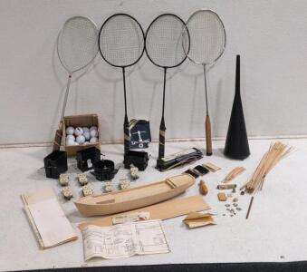 Lot of Assorted Items: Model Boat Kit, Badminton Rackets, Assorted Electrical Parts, & More