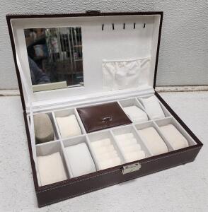 (1) Jewelry Box 10 Slots Watch And Jewlery Organizer Storage Case with Lock and Mirror W/ Key 13" X 7 1/2"
