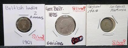 (1) 1901 British India 2 Annas Coin (1) 1875 Great Britain Shilling Coin (1) 1928 Ceylon Ten Cents