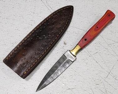 (1) Fixed Blade Damascus Steel Double Sided Knife With Wood And Metal Handle And Sheath