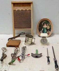 Brass King Washboard. Steel Pepsi Plate. Marvel Scale. (3) Egg Beaters. Flower Sifter. Cutting Board. Dual Blade Food Chopper. +More.