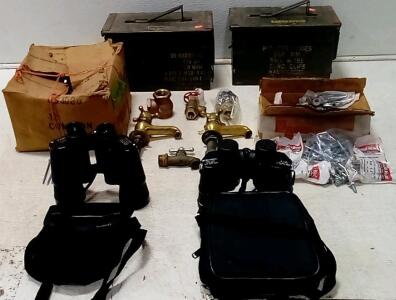 Tasco 7x50 Binoculars. Belle And Howell 8x40 Binoculars. Box Of 3" Nails. 2 Ammo Cans. Brass Faucets +More.