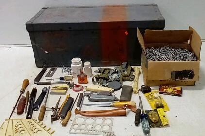 VINTAGE U.S. Military Issue Ice Crampons. Heavy Wood And Metal Foot Cheat. LOT of Galvanized U Nails. Vintage Martiini Finnish) Filet Knife.(3) Vintage Box Cutters. (2) Sharpening Stones. Various Tools + More.