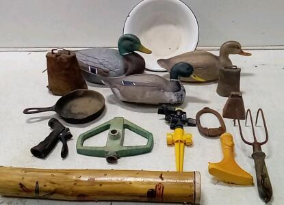 (3) Duck Decoys. Rain Stick. (3) More Cowbell. Lawn Care Items. Steel Bowl.