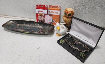 (1) Vintage Great Horn Owl Statue Figurine Ardalt Lenwile China made in Japan (1) Vintage Homco #1414 White Ceramic Duckling Figurine (1) Vintage Gorham YC679 Silver Sushi Plate And More