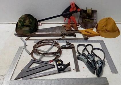 Machete. (2) Large T Squares. (2) Canvas Hats(Med-Large) Craftsman Bar Clamp. Assorted Tools. Drain Snake. +More.
