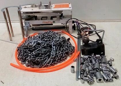 DU-All Outdoors Firefly Automatic Clay Pigeon Thrower (Unable To Test.) Ball Hitch. Large Assortment Of Sockets. Heavy Chain.