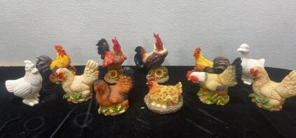 Ten Roosters and One Duck - Display Pieces 5-8 Inches in Height