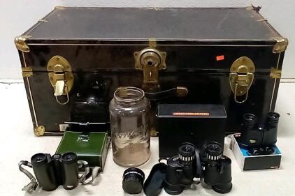 (LOT Of 3) Binoculars. Sears Mod#473.25200 7-15x35. Nikon 10x25 (Japan.) Foot Locker (30"x16"x12".) Anscor Telephoto Lens (46mm, Mad In Japan. Mason Jar.