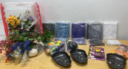 Tub of Fake Flowers / New Unused Wooden Plaques 5/7 and 8/10 / New Halloween Supplies