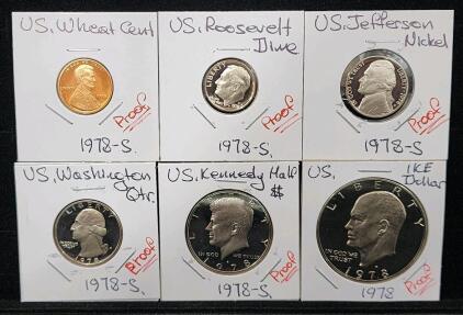 (1) 1978-S U.S. Wheat Penny Coin (1) 1978-S U.S. Roosevelt Dime Coin (1) 1978-S U.S. Jefferson Nickle Coin (1) 1978-S U.S. Washington Quarter Coin (1) 1978-S U.S. Kennedy Half Dollar Coin (1) 1978 U.S. Eisenhower Dollar Coin