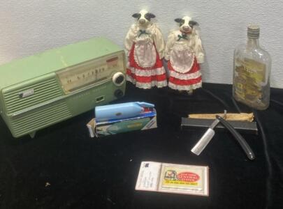 Antique Transistor Radio (Unable to Test) - Razor - Cow Dolls - Whiskey Bottle - Pocket Mirror