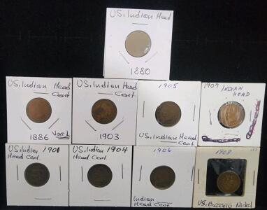 (9) 1880-1908 U.S. Indian Head Penny Coins